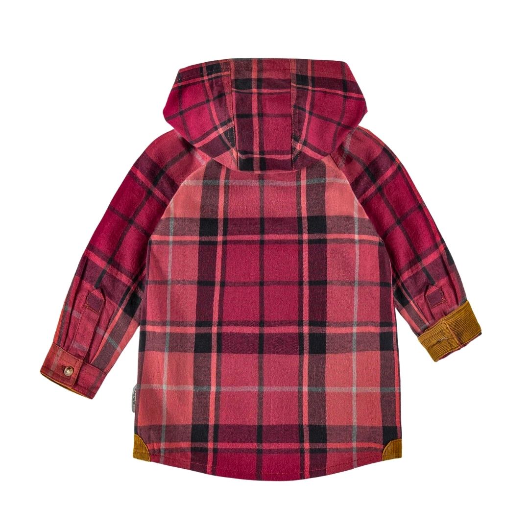 Flat lay of the back of the hooded flannel in autumn.