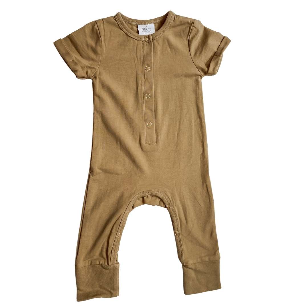Orcas Lucille Super Soft Henley style romper in Latte with gold ring snaps