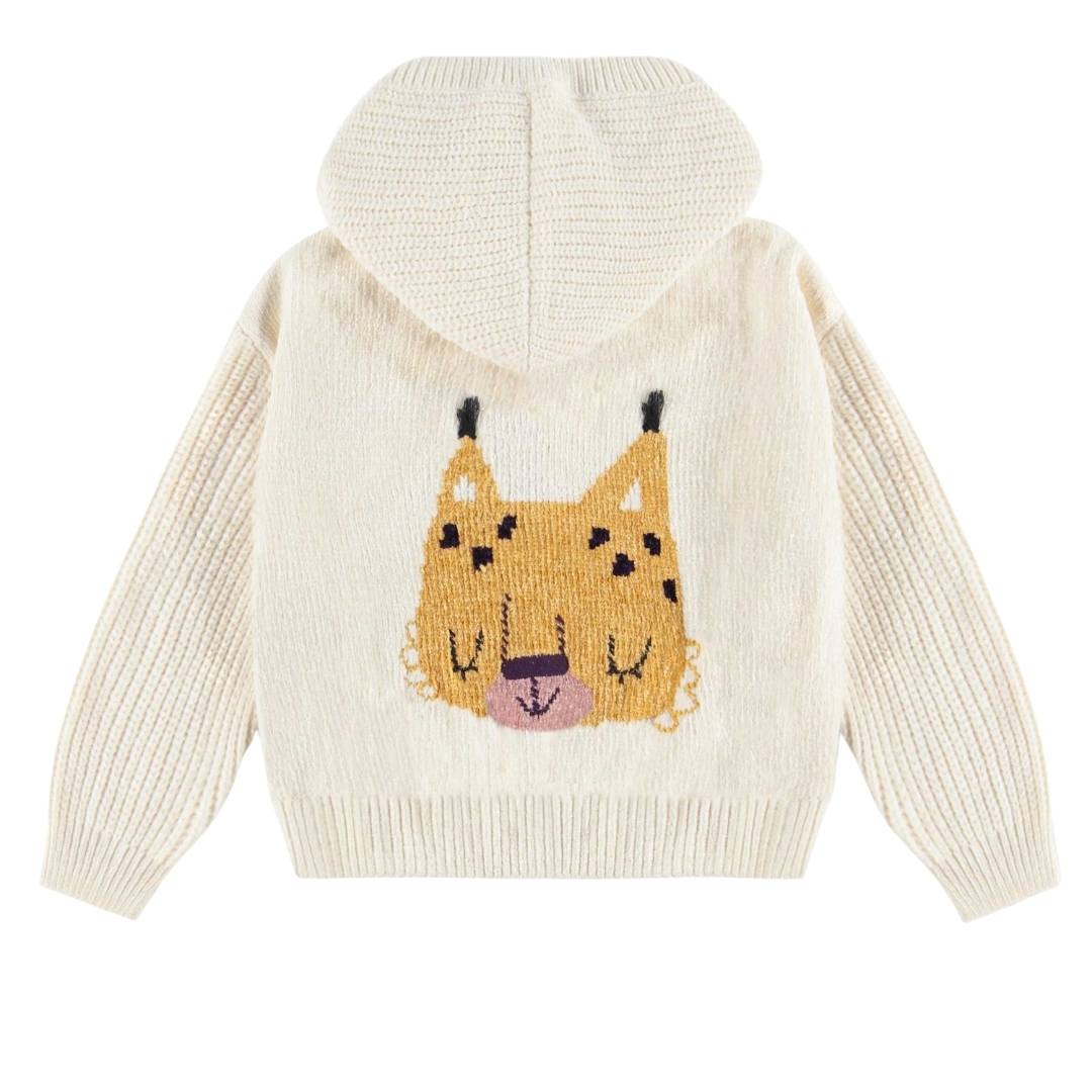 Chenille hooded sweater in snow back showing the lynx.