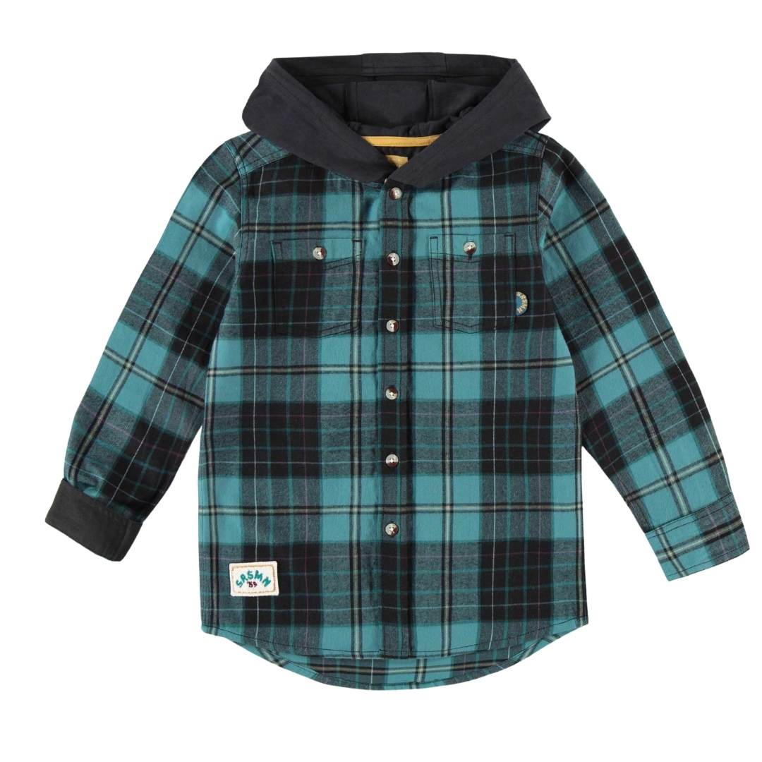 Flat lay of the front of the hooded flannel in ocean