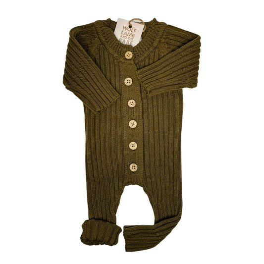Authentic Little B's Nursery knit romper in the color olive. Featuring wood like buttons and cozy rollable arms and legs for extended wear.