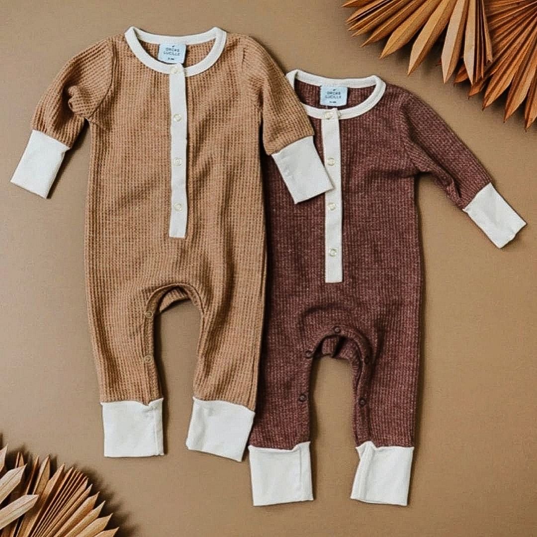 Waffle Rompers in caramel and cocoa