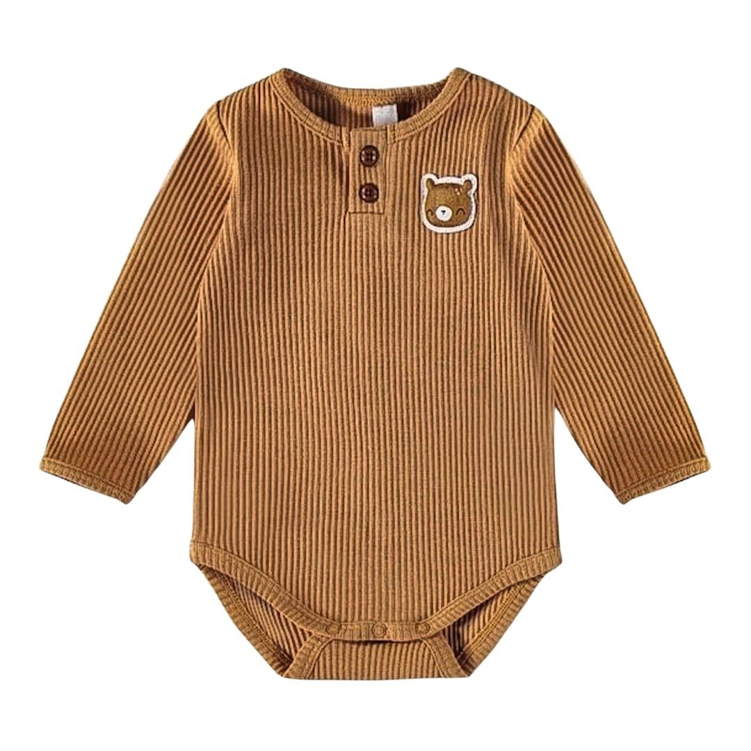 Ribbed long sleeved henley romper with bear patch in Caramel.