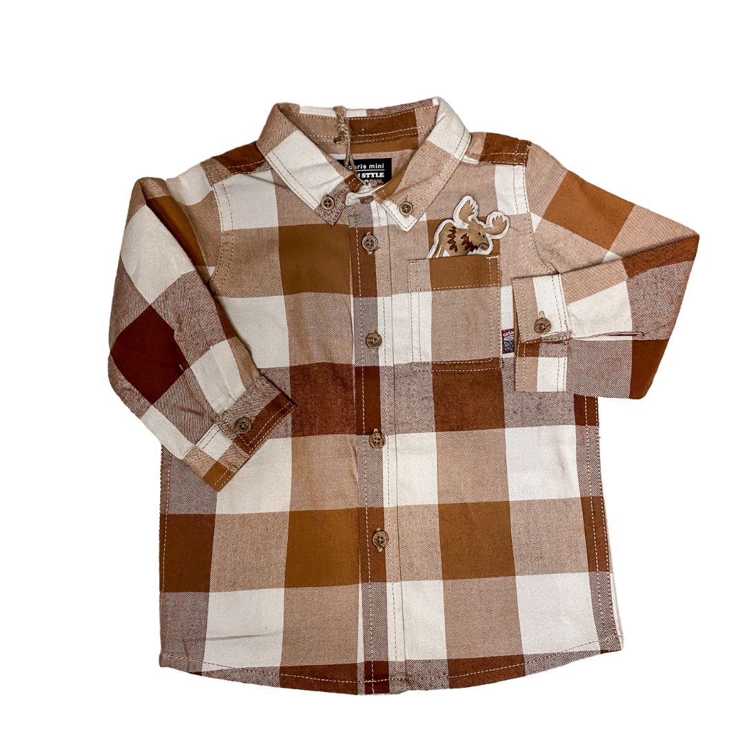 Brushed plaid shirt in cocoa in the baby sizes. Featuring the tiny moose friend in pocket.