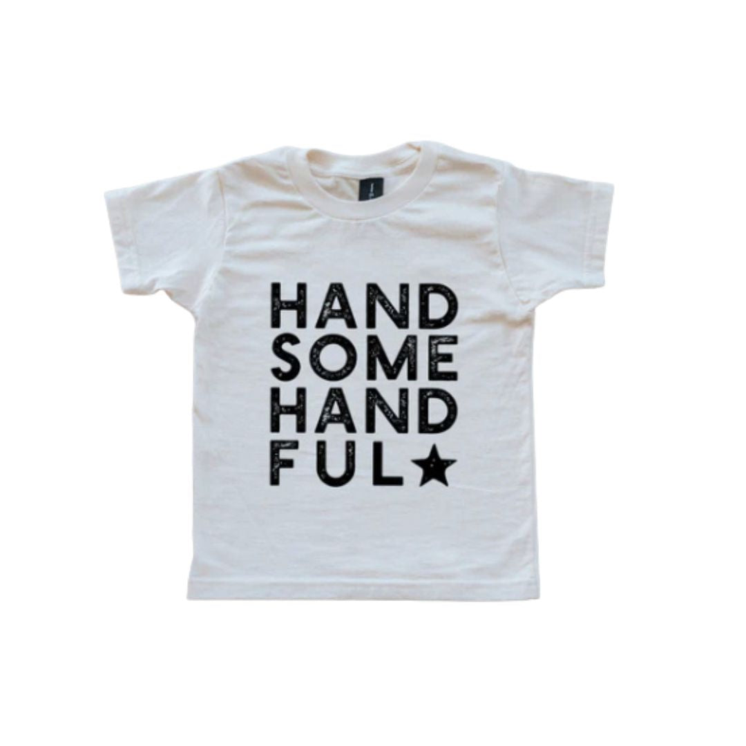 Trendy monochrome toddler t-shirt in Natural Cream with "Handsome Handful" in black.