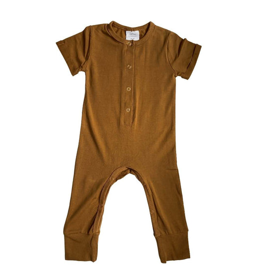 Short sleeved henley style romper with gold ring snaps in butterscotch