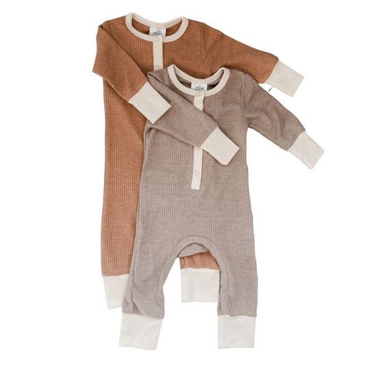 Waffle Romper in Taupe and Caramel