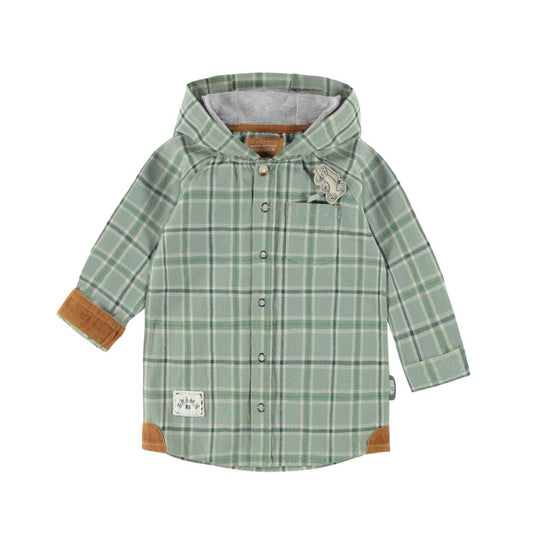 Hooded Flannel in mint with corduroy cuffs and details